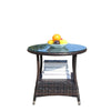 Round outdoor coffee table styled on patio
